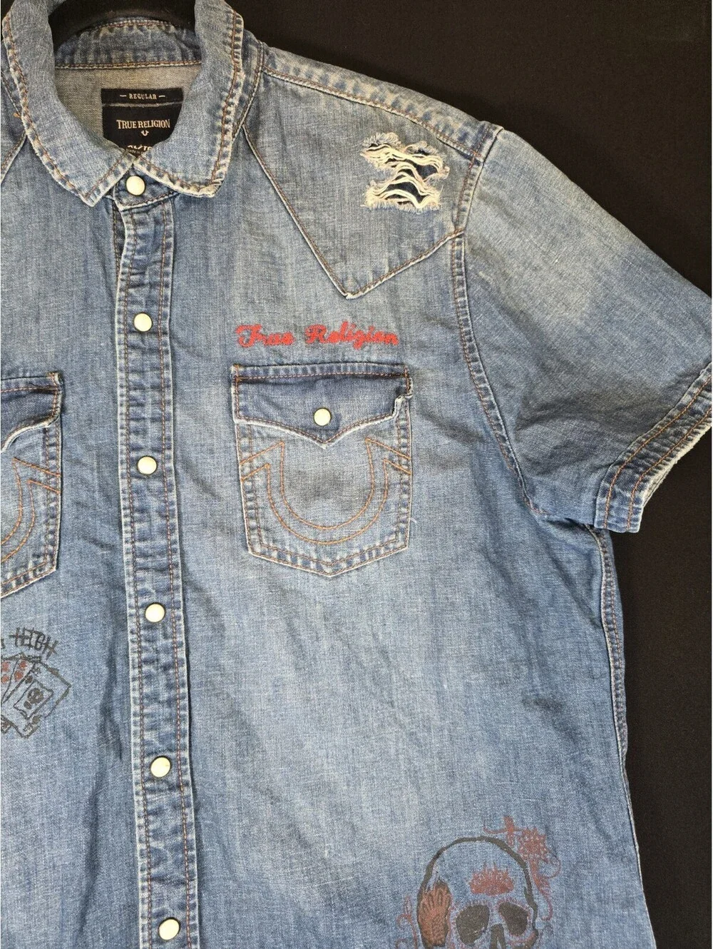 EUC True Religion Graffiti Distressed Denim Button up Shirt Size XL